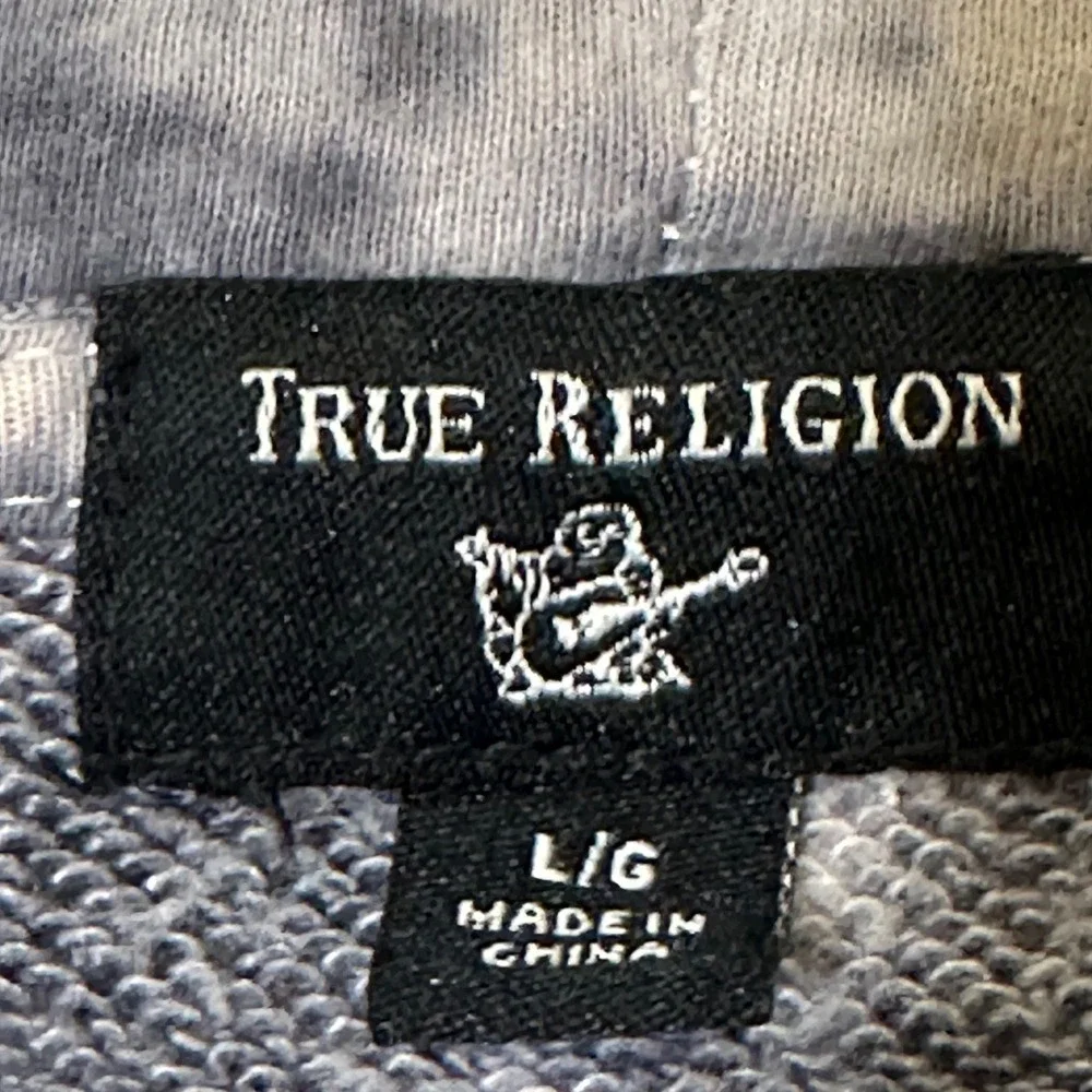 True Religion Mens Tie Dye Hoodie Grey White Buddha Guitar Logo Sweatshirt L